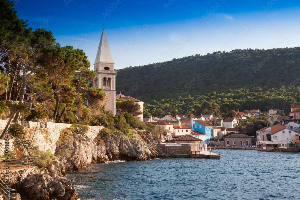 View of the port entrance of Veli Losinj, island Cres, Croatia, Kvarner Gulf, Adriatic Sea, Croatia