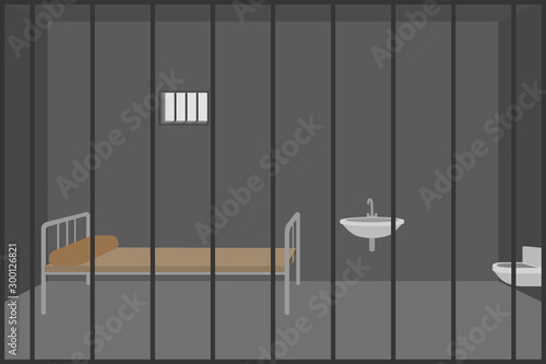 Prison cell with bed and toilet. Vector illustration.