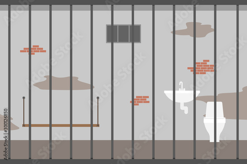 Jail cell with bed and toilet. Vector illustration.