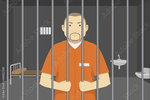 Convict in orange jumpsuit standing in prison cell. Vector illustration.