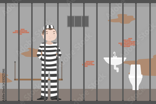 Prisoner in shabby prison cell. Cartoon. Vector illustration.