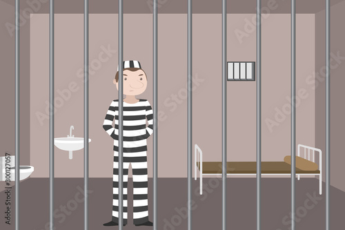 Convict in jail cell. Cartoon. Vector illustration.