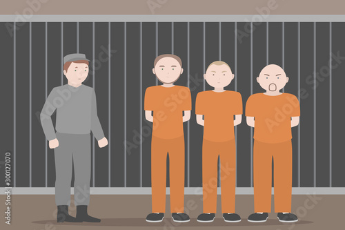 Prison officer and prisoners in orange jumpsuits. Vector illustration.