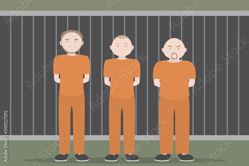 Three prisoners in orange jumpsuits with hands behind. Vector illustration.