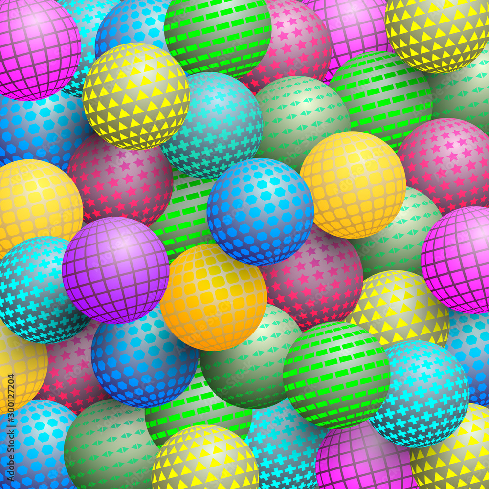 Colorful balls with different shapes on surface. Background for any invitation cards.