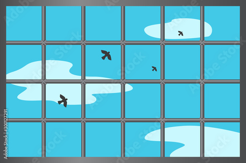 View from prison window with bars. Vector illustration.