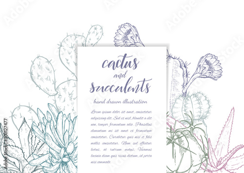 Floral background. Hand drawn vector botanical illustration. Template greeting card, wedding invitation banner with spring flowers. Sketch linear cactus ans succulents . Engraved style illustration.