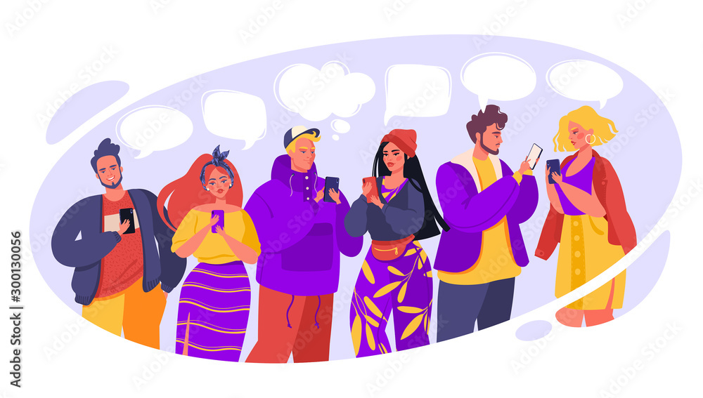 Fototapeta premium Group of modern young people, students, pupils or millennials chatting. Social networking, media, virtual relationships concept. Flat cartoon characters chatting via internet using smartphone. 