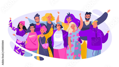 Colorful vector illustration with cute joyful friends. Friendship concept. Group of smiling, happy, young people standing together, embracing each other, waving hands. Flat cartoon style.