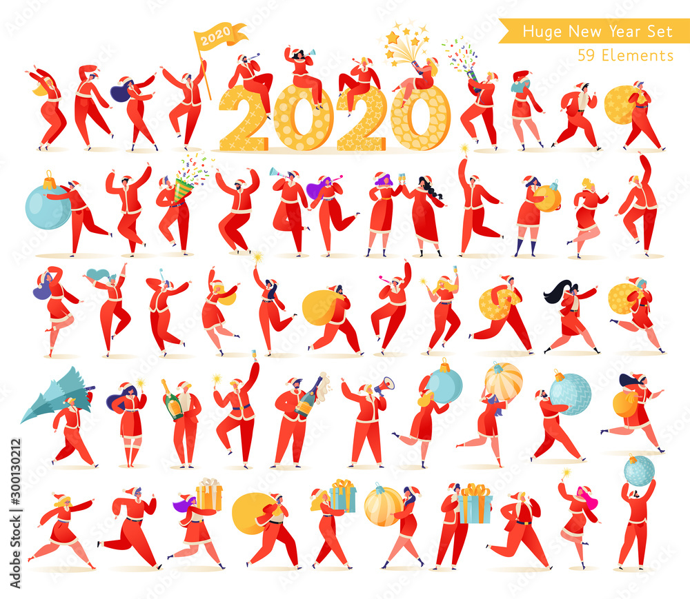 Huge set with flat people characters on New Year celebration theme. People dressed Santa Claus costumes prepare for the winter holidays, celebrate, dance, have fun in various poses.