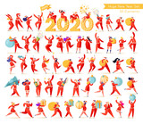 Huge set with flat people characters on New Year celebration theme. People dressed Santa Claus costumes prepare for the winter holidays, celebrate, dance, have fun in various poses.