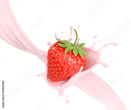 Strawberries in milk splash, 3d illustration. photo