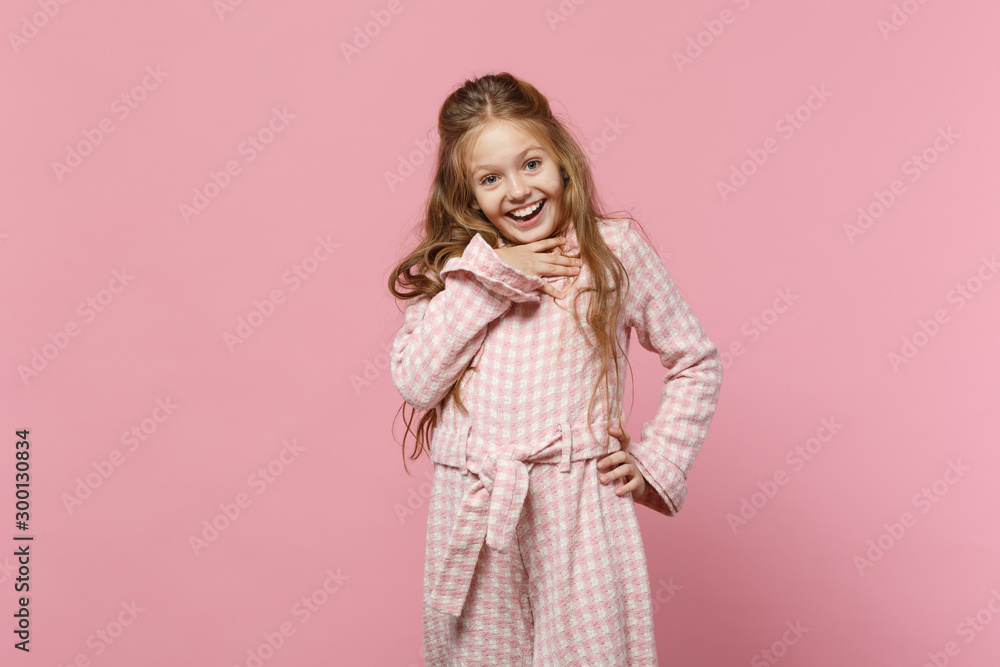 Little cute one kid girl 4-5 years old wearing rose clothes isolated on bright pink wall background, children studio portrait. People sincere emotions, childhood lifestyle concept. Mock up copy space. Little cute one kid girl 4-5 years old wearing rose clothes isolated on bright pink wall background, children studio portrait. People sincere emotions, childhood lifestyle concept. Mock up copy space.