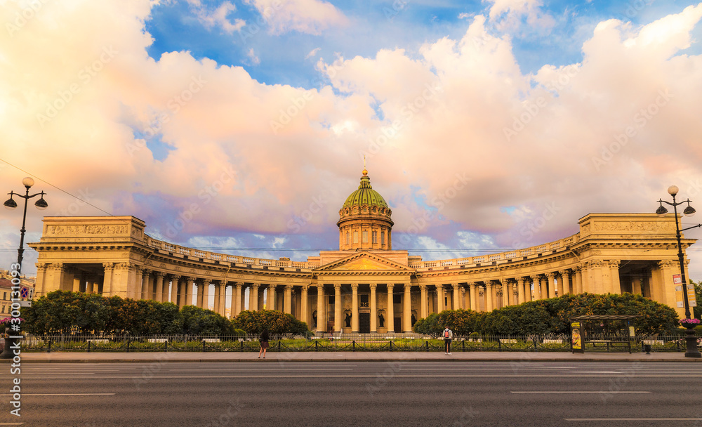 Panorama of Kazan Cathedral in St. Petersburg at sunrise, Russia