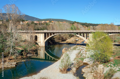 Automobile bridge over the Fluvia river. Besalu, Province of Girona, Catalonia, Spain.
