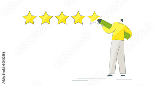 Customer leaves positive review. Man draws five stars. Excellent quality of working. Client gives best mark. Funny character likes service. Minimal graphic vector illustration EPS 10 isolated on white