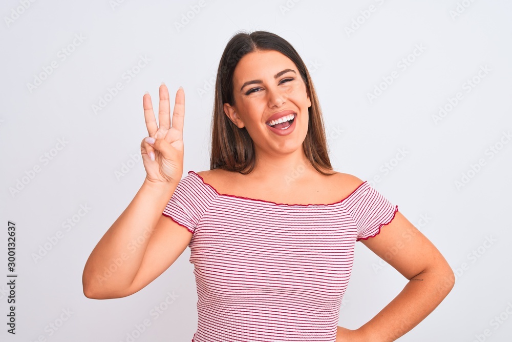 Portrait of beautiful young woman standing over isolated white background showing and pointing up with fingers number three while smiling confident and happy. Portrait of beautiful young woman standing over isolated white background showing and pointing up with fingers number three while smiling confident and happy.