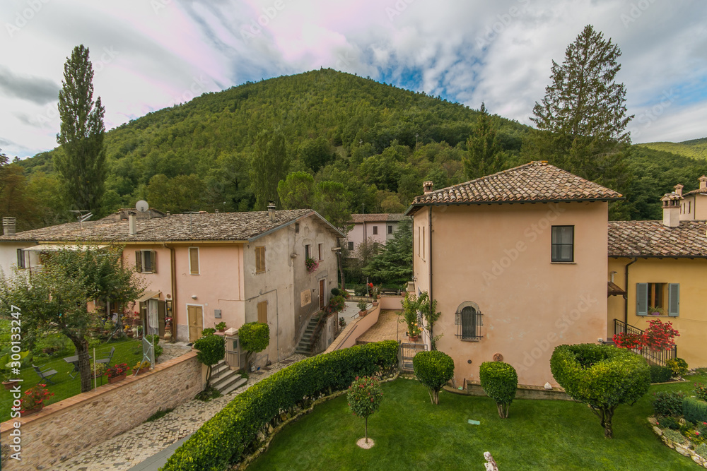 Panoramic view of Rasiglia mountain small village in the heart of Umbria region, named 