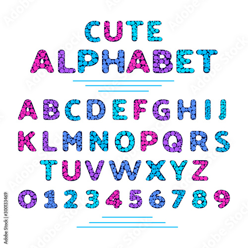Cute colorful English alphabet isolated on white background. Fun letters from A to Z and numbers. Font and signs ABC. For scrap booking  school projects  posters  textiles. Vector illustration.
