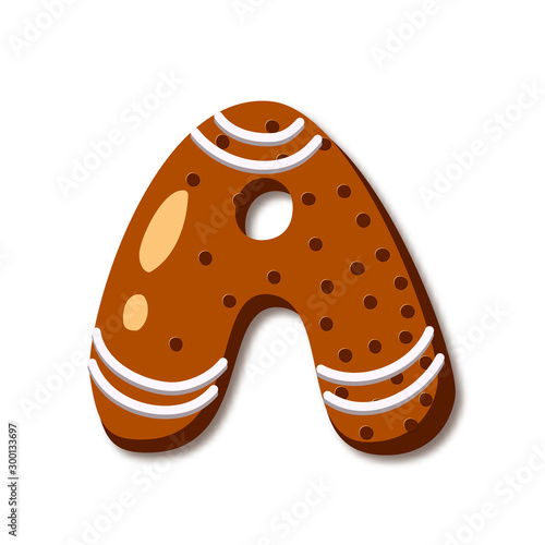 Cute letter A in form of cookies. Glazed Christmas food gingerbread. Sweet biscuit alphabet with frosting. Figures decorated icing sugar Isolated on white background. Flat style vector illustration.