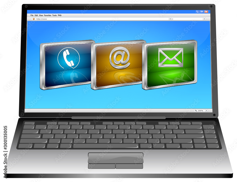 Laptop with contact us button - 3D illustration Laptop with contact us button - 3D illustration