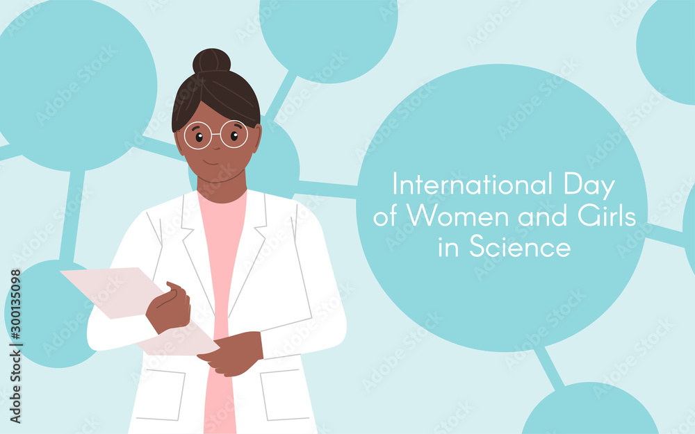 Dark-skinned female chemist with a folder. International Day of Women and Girls in Science. Woman chemist. Woman scientist. Illustration. Flat style. Abstract background Dark-skinned female chemist with a folder. International Day of Women and Girls in Science. Woman chemist. Woman scientist. Illustration. Flat style. Abstract background