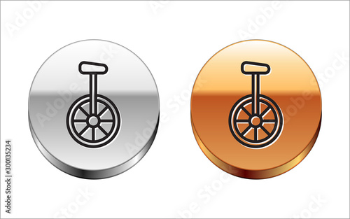 Black line Unicycle or one wheel bicycle icon isolated on white background. Monowheel bicycle. Silver-gold circle button. Vector Illustration