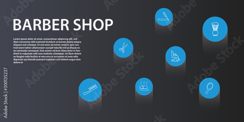 Barber Shop Infographics vector design. Timeline concept include scissors, straight razor, foam brush icons. Can be used for report, presentation, diagram, web design