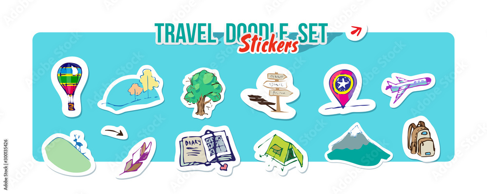 Summer holidays, mountain trip. Vector Set for summer time travel vacation. Set of stickers with sketch design element summer theme. Hand drawn doodle stickers with adventure objects