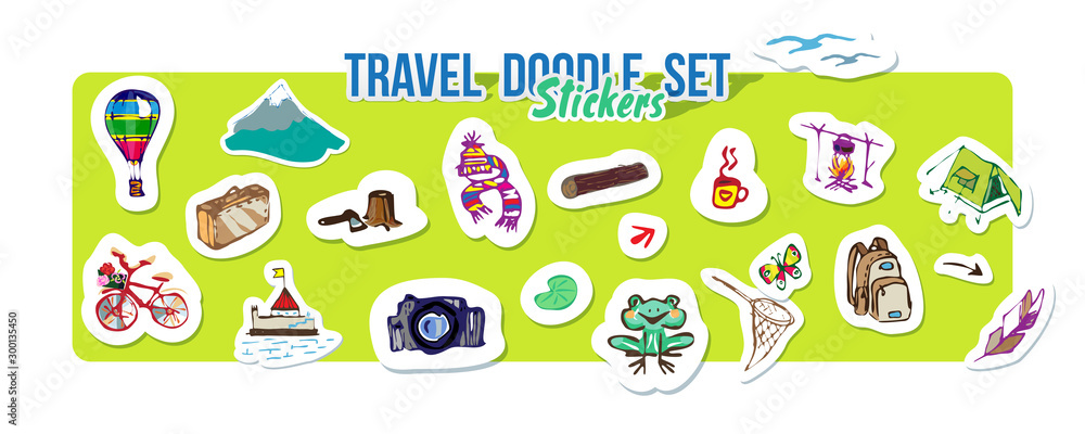 Summer holidays, ocean travel, mountain trip. Vector Set for summer time vacation. Set of stickers with sketch design element summer theme. Hand drawn doodle stickers with adventure objects