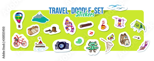 Summer holidays, ocean travel, mountain trip. Vector Set for summer time vacation. Set of stickers with sketch design element summer theme. Hand drawn doodle stickers with adventure objects