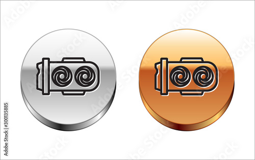 Black line Mining farm icon isolated on white background. Cryptocurrency mining, blockchain technology, digital money market, cryptocoin wallet. Silver-gold circle button. Vector Illustration