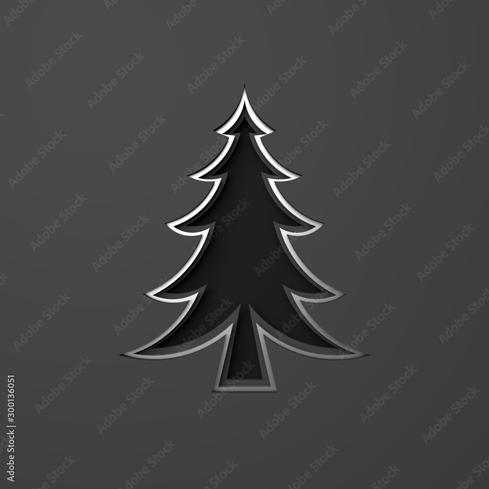 Silver chrome spruce, fir tree art paper cut origami on dark black background. Flat lay, 3D rendering illustration. Silver chrome spruce, fir tree art paper cut origami on dark black background. Flat lay, 3D rendering illustration.
