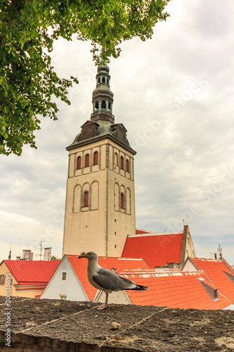 Town Hall in historic center Tallinn. Medieval stone houses. Cobblestone, cobblestone pavement. Typical architecture of Tallinn Old Town, Estonia  tower of Town hall photo