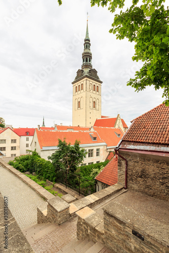 Town Hall in historic center Tallinn. Medieval stone houses. Cobblestone, cobblestone pavement. Typical architecture of Tallinn Old Town, Estonia  tower of Town hall photo