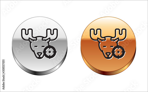 Black line Hunt on moose with crosshairs icon isolated on white background. Hunting club logo with moose and target. Rifle lens aiming a moose. Silver-gold circle button. Vector Illustration