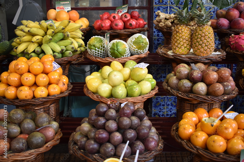 Closeup of fruits and vegetables on a local market in Funchal in Madeira, Portugal Closeup of fruits and vegetables on a local market in Funchal in Madeira, Portugal