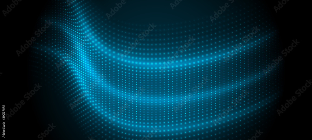 Abstract blue dotted vector design on black background with wavy lights. Abstract blue dotted vector design on black background with wavy lights.