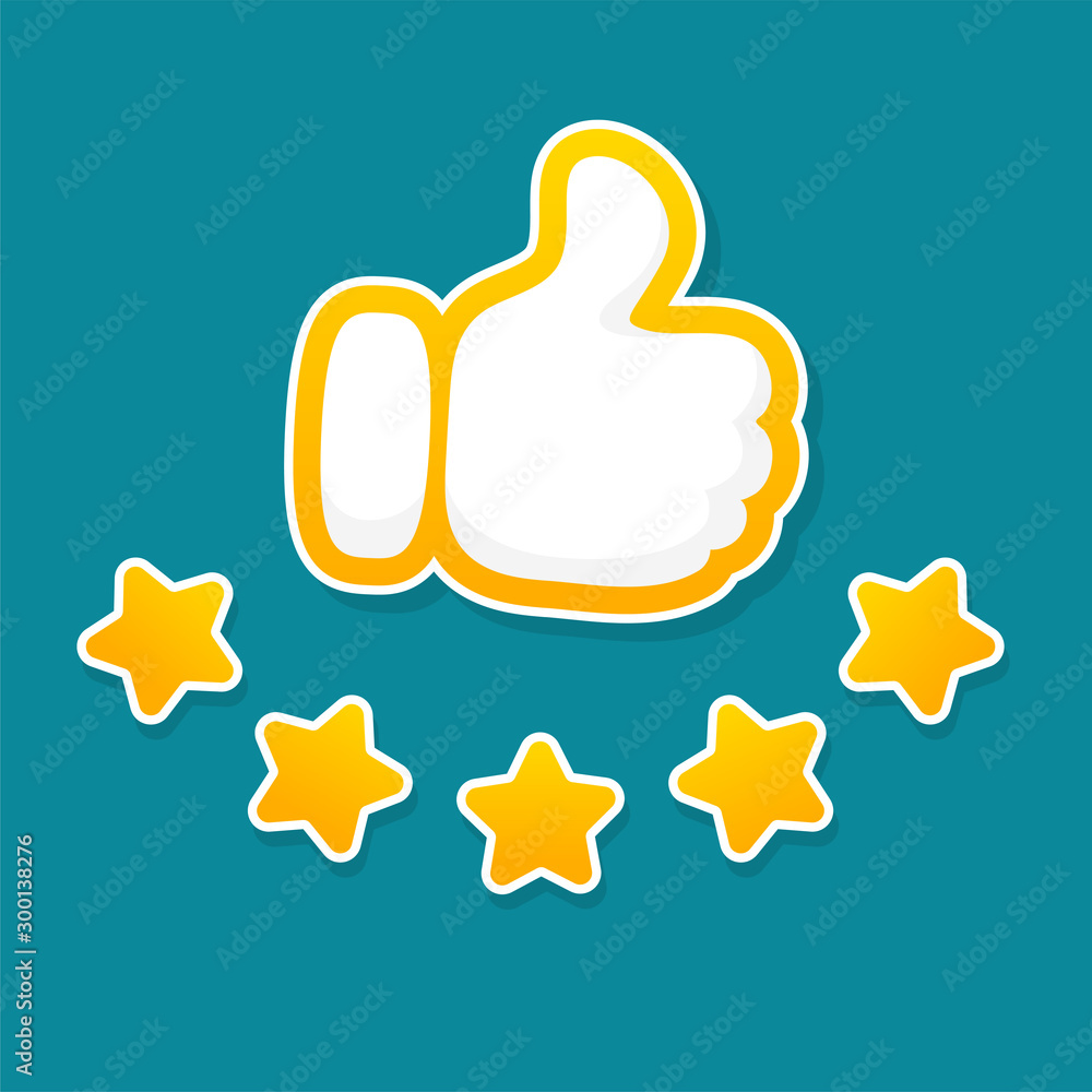 Customer satisfaction level. The thumb held up with star ratings from product reviews Customer satisfaction level. The thumb held up with star ratings from product reviews
