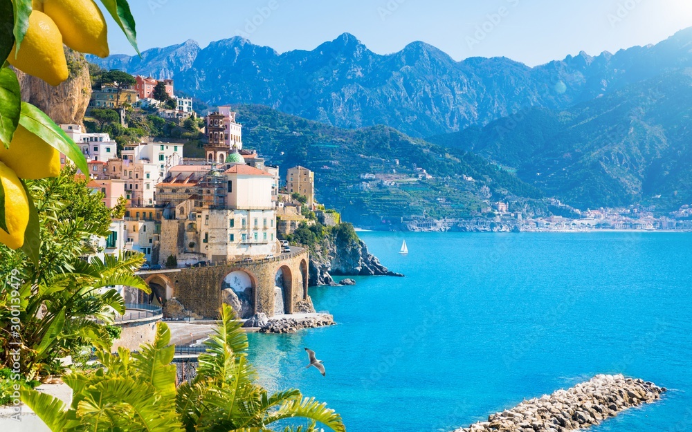 Small town Atrani on Amalfi Coast in province of Salerno, Campania region, Italy. Amalfi coast is popular travel and holyday destination in Italy.