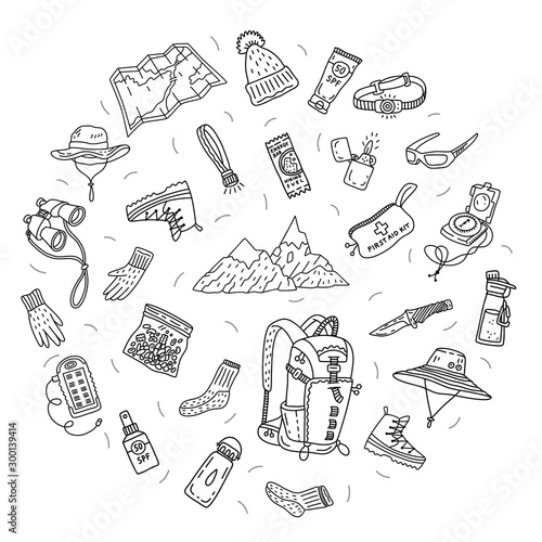 Complex vector illustration of hiking touristic equipment. Backpack, map, binocular, compass, lighter, knife, sunglasses, sunscreen, medical kit, hat, snacks, water etc. Doodle style, circle shape.