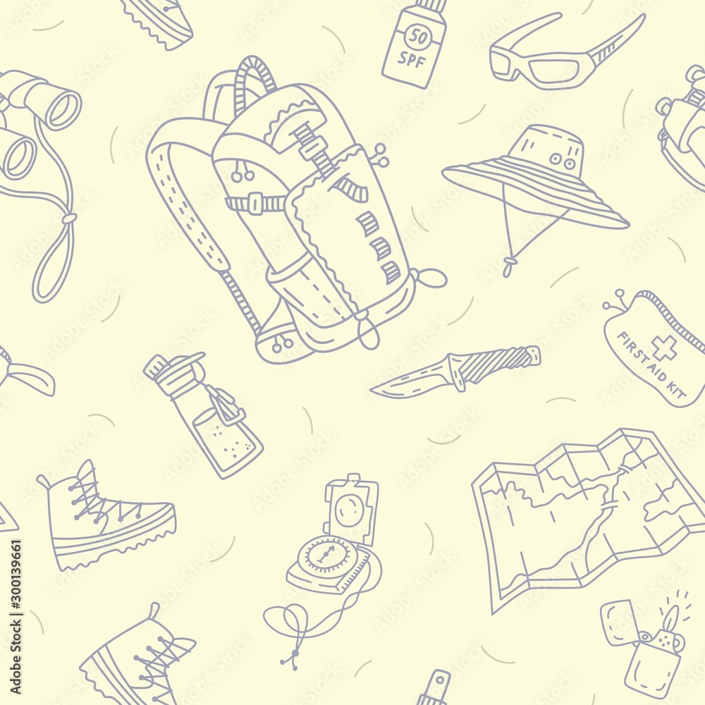 Seamless vector pattern with mountain hiking equipment. Backpack, map ...