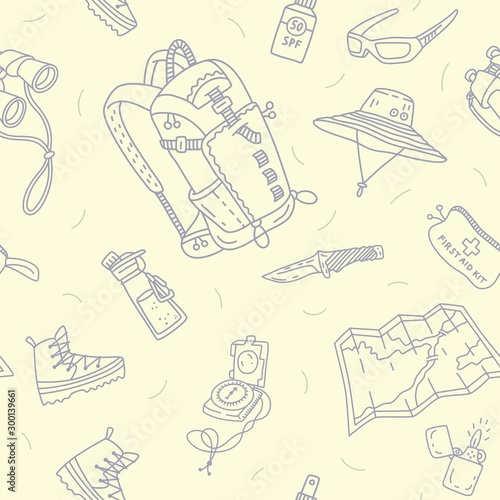 Seamless vector pattern with mountain hiking equipment. Backpack, map, knife, sunscreen, glasses, compass, binocular. water, medical kit.  For design, prints, stickers, sport and touristic business.