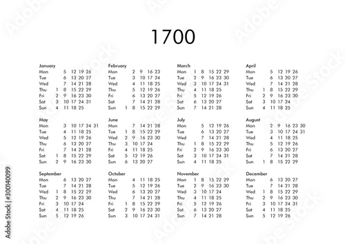 Calendar of year 1700