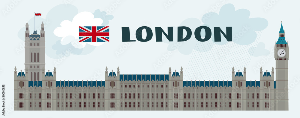 Obraz premium Elizabeth Tower in rainy London.Vector cartoon image.