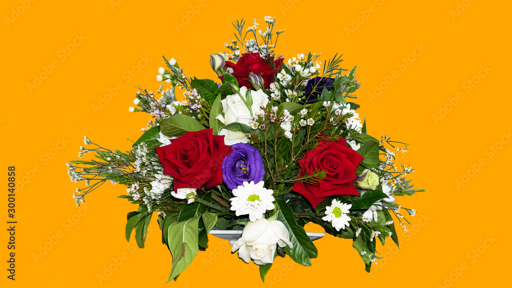 Bouquet of roses with red, white, purple on an orange background