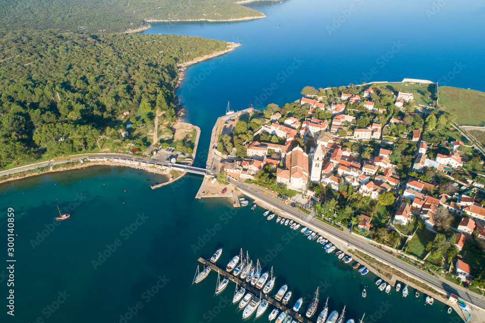 Aerial view of Osor ( Ossero ) is a small town and port on the Cres island in Croatia. It is lies at a narrow channel that separates islands Cres and Lošinj. 