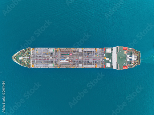 Aerial top view Oil ship tanker for transportation oil from refinery on the sea.