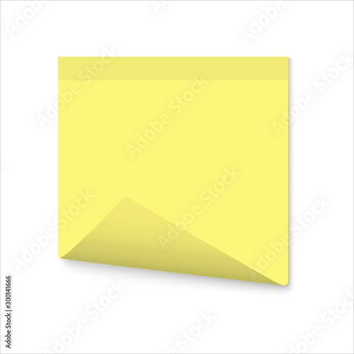 Yellow paper sticker with curled corner isolated, vector blank template.