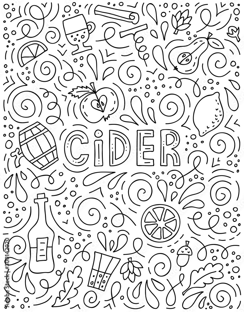 Cider advertising. Vector poster with lettering and main cider symbols. Hand-drawn doodle style template for menu or flyer. Graphic concept for cider festival or tasting. Cider advertising. Vector poster with lettering and main cider symbols. Hand-drawn doodle style template for menu or flyer. Graphic concept for cider festival or tasting.